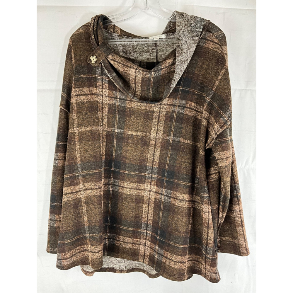Ava James Plaid Cowl Neck Tunic Top Polyester Size 2X Brown Long Sleeve New